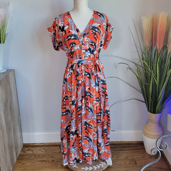 LOFT, New Red Botanical Tropical Floral V-Neck Button Tie Waist Midi Dress 4 - Picture 12 of 12